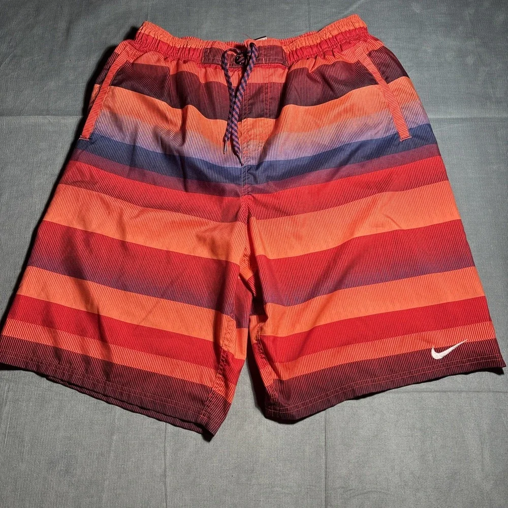 Nike Swim Trunk Shorts Mens L Orange Stripe Mesh Lining Board Beach Vacation